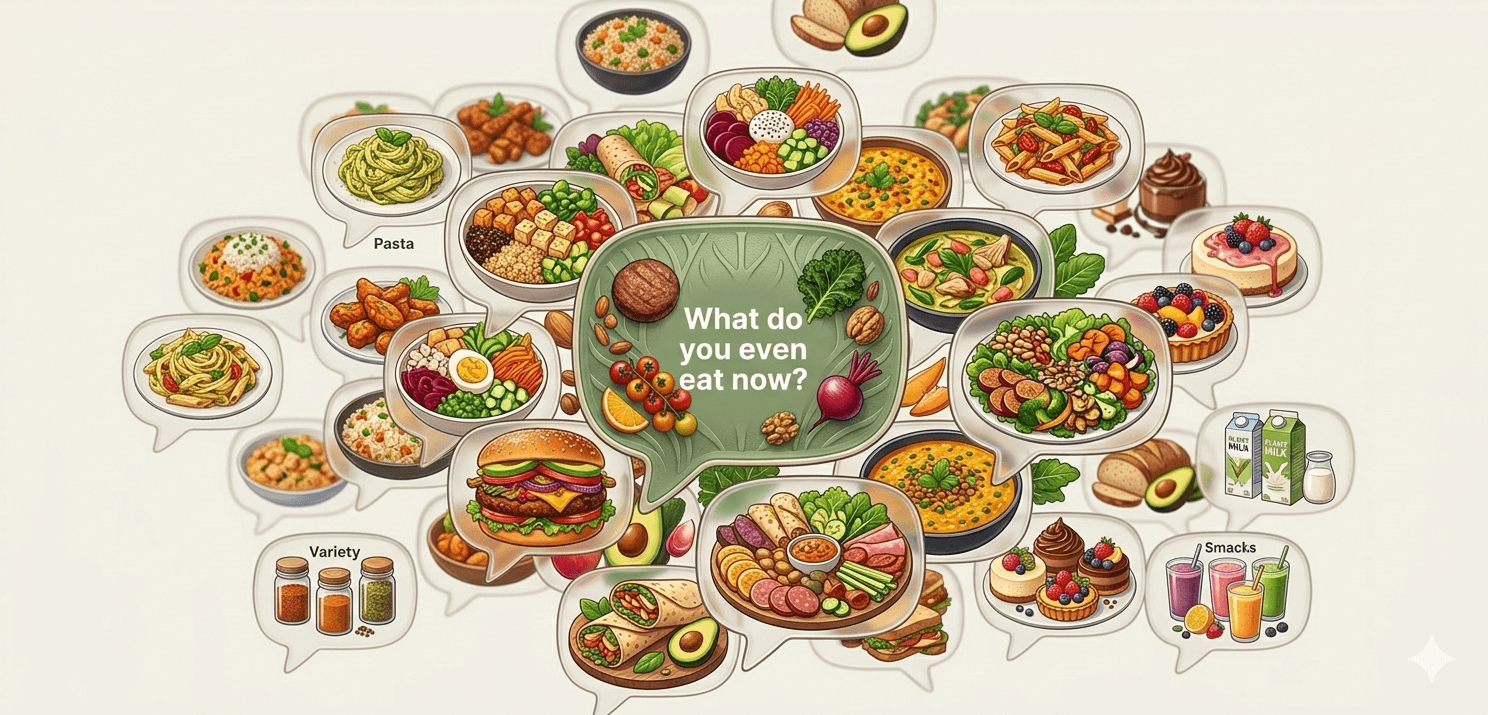 Mixed dinner table with vegan and non-vegan dishes